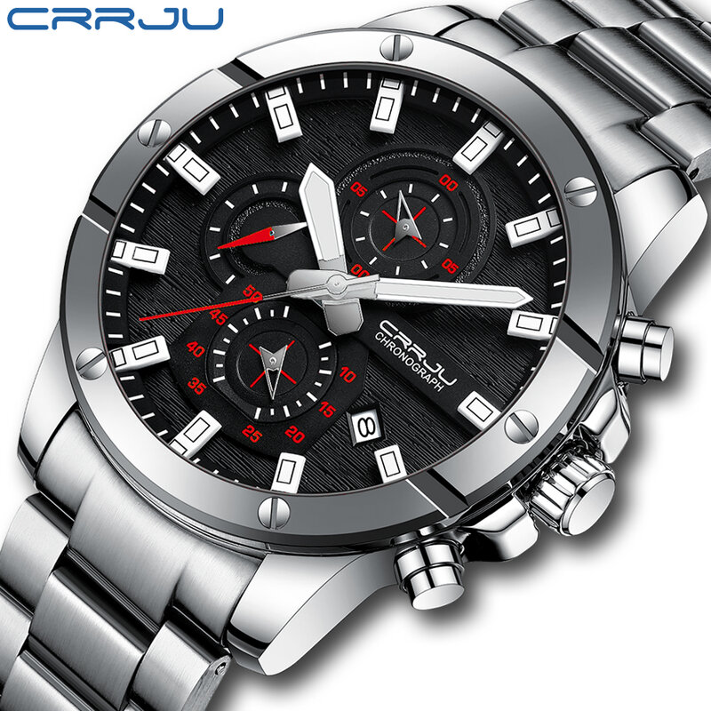 CRRJU 2296 فضي اللون الأزرق نظام التصميم الكلاسيكي ساعة معصم مقاوم للماء ساعة اليد الفولاذ المقاوم للصدأ الرجال الفاخرة ساعات كوارتز