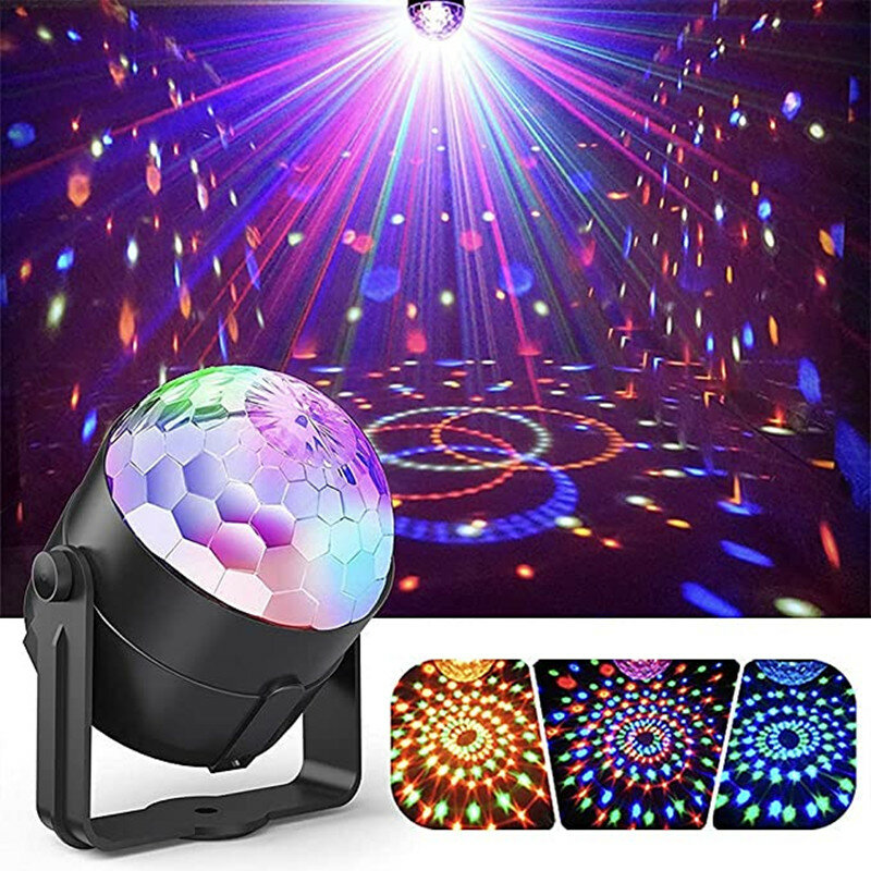 Suono attivato rotante Disco Ball DJ Party Lights 3W 3 LED RGB LED Stage Light per natale Wedding Music Party Lights Remote