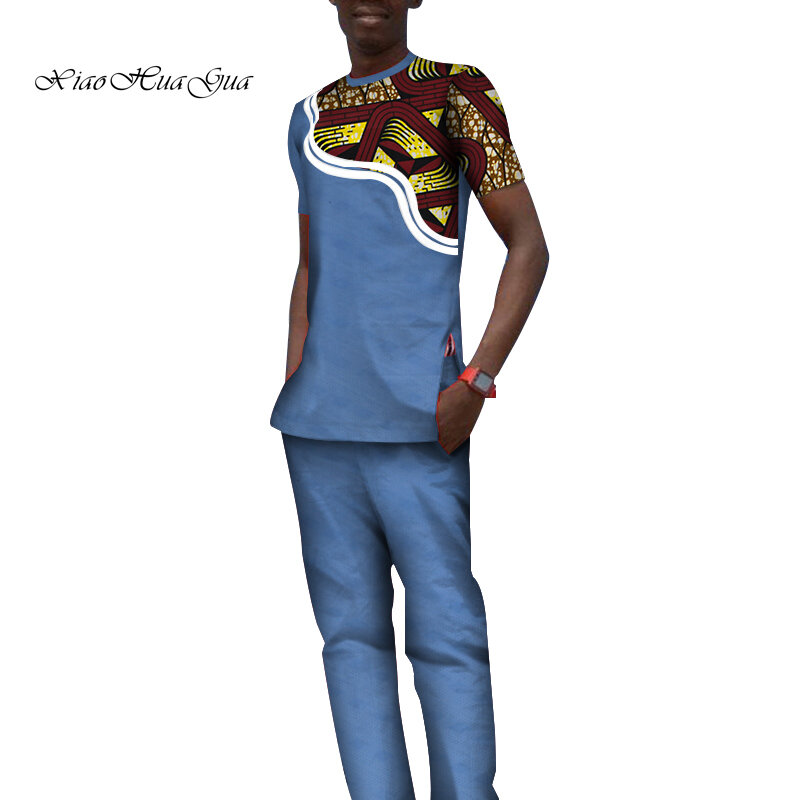 男性用アフリカンプリントダシキセット,カジュアルTシャツとパンツ,ラージサイズ,アフリカンウェア,Wyn797