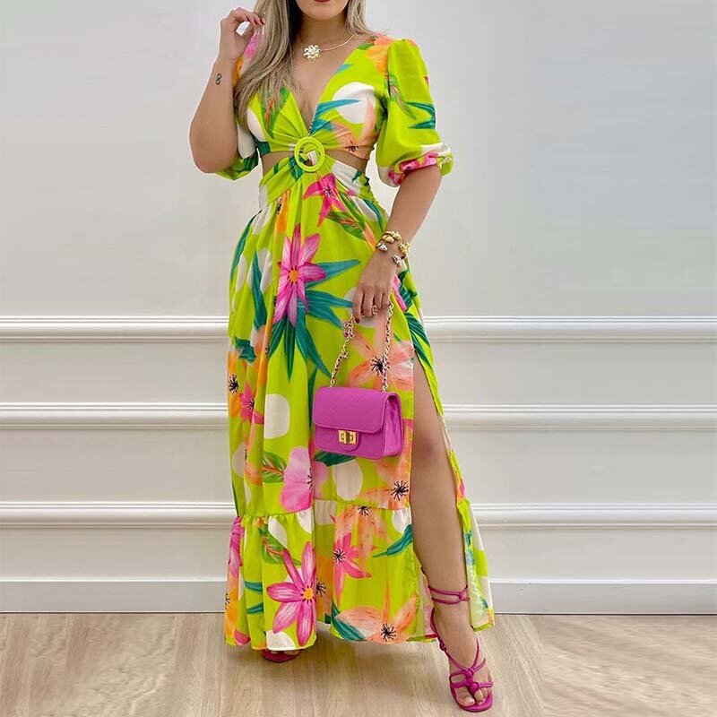 2022 African Dresses for Women Summer Bohemia Beach Party Maxi Dress Ladies Sexy V-neck Wear Floral Print Africa Clothing