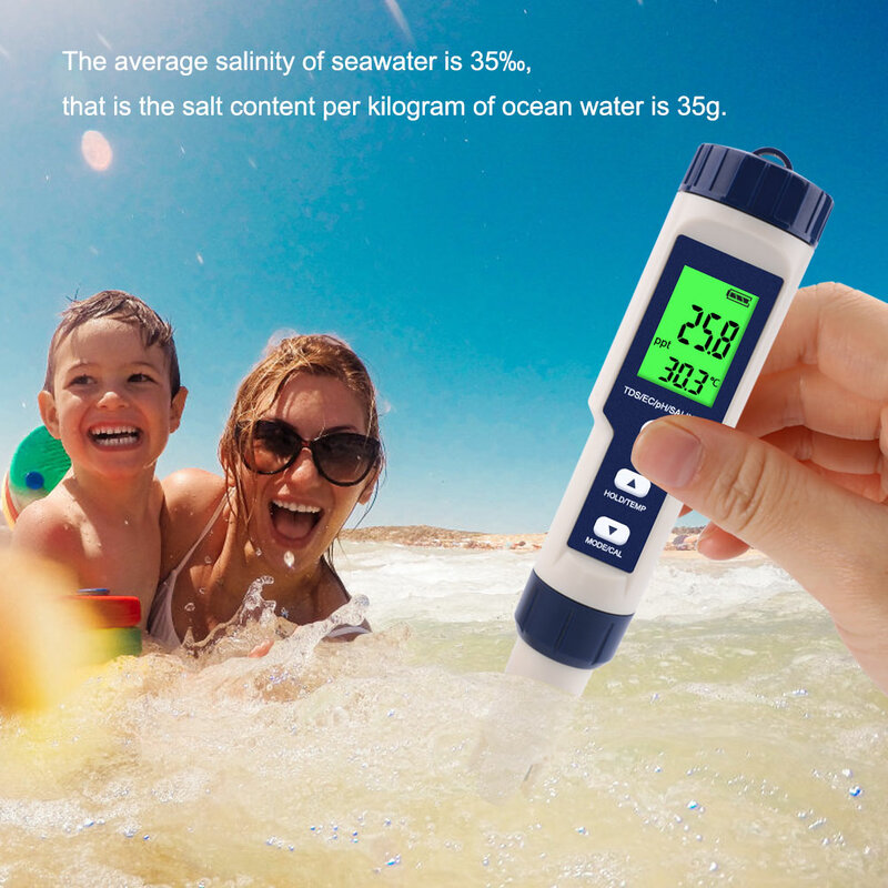 Medidor digital de la calidad del agua 5 en 1, dispositivo que mide la temperatura, salinidad, TDS, EC y PH del agua de piscinas y acuarios y agua potable
