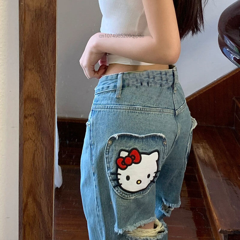 Pantalones vaqueros de Hello Kitty para mujer y niña, ropa de calle de cintura alta estética Y2k, pantalones Cargo casuales, Pantalones rectos coreanos holgados