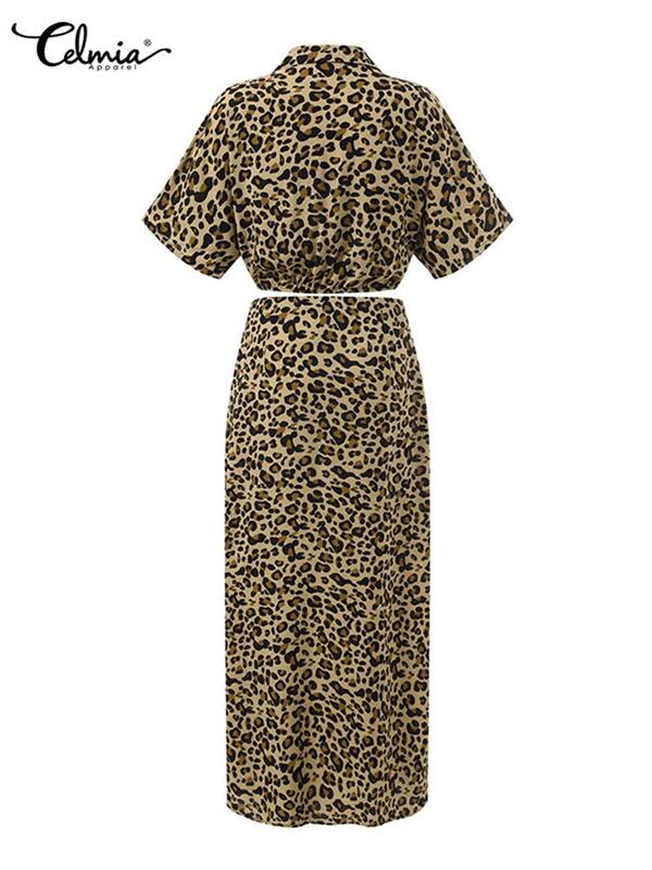 Ensemble robe imprimé léopard pour femmes, mode, manches courtes, ourlet à bandes, haut court et longue jupe fendue, costumes de vacances, 2 pièces, 2022
