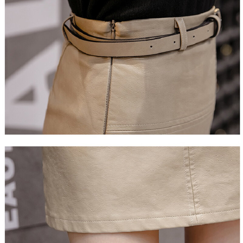 Wisher&Tong 2022 Autumn Winter Pu Leather Skirt Women High Waist Solid Color With Belt Package Hig Office Lady Mini Skirts Femme