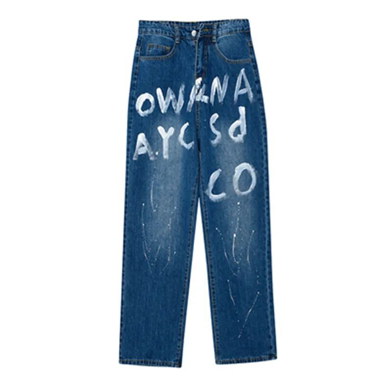 Jeans da uomo pantaloni larghi a gamba larga Graffiti pantaloni larghi da uomo High Street Cool pantaloni blu Denim maschili stile coreano abbigliamento da uomo autunno