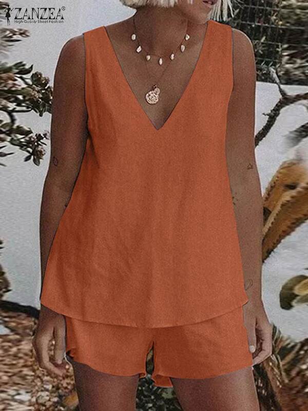 2 sztuk Casual solidna plaża pasujące zestawy ZANZEA letnie ubranko z krótkim rękawem kobiety V Neck bluzka bez rękawów garnitury dresy odzież domowa