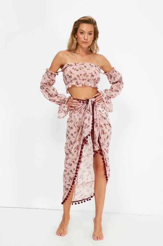 Trendyol – costume en mousseline de soie, imprimé floral, avec Pompon, détail