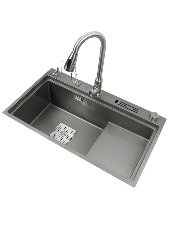 Kitchen nano washbasin large single-slot high and low stepped gun grey 304 stainless steel sink washbasin under-counter basin