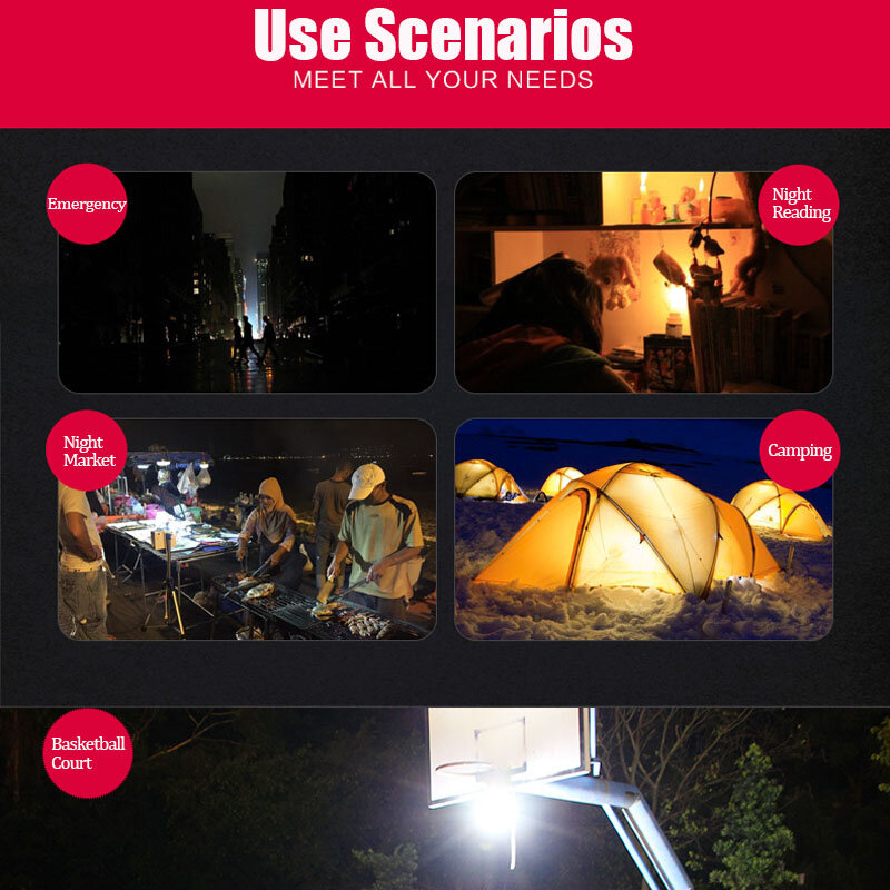 Lâmpadas LED recarregáveis USB, ao ar livre, luz de emergência, gancho, camping, pesca, lanterna portátil, luzes noturnas, 50W