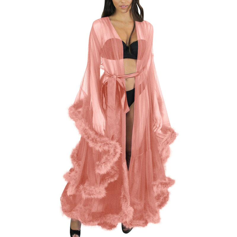 섹시한 여성 란제리 레이스 쉬어 메쉬 얇은 명주 그물 원근법 V 넥 레이어드 프릴 맥시 바닥 긴 목욕 가운 가운, 잠옷 드레스