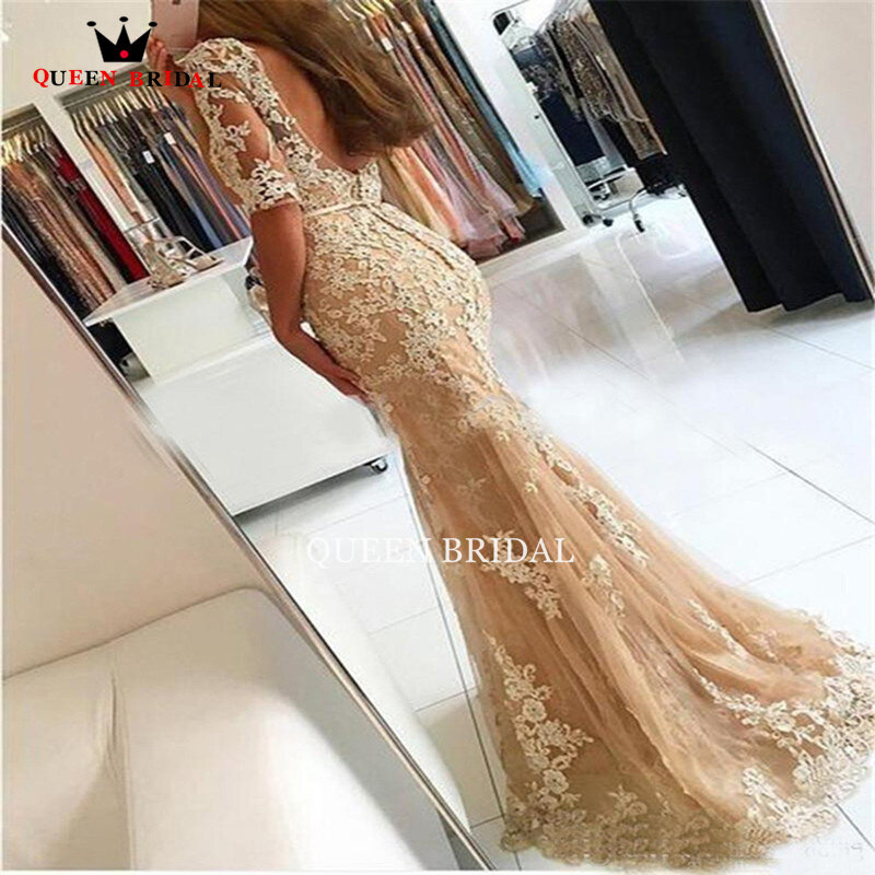 Champagne sereia vestido de noite com decote em v applique meia mangas roupões de soirée ilusão sem costas robe de soiree feito sob encomenda qw45