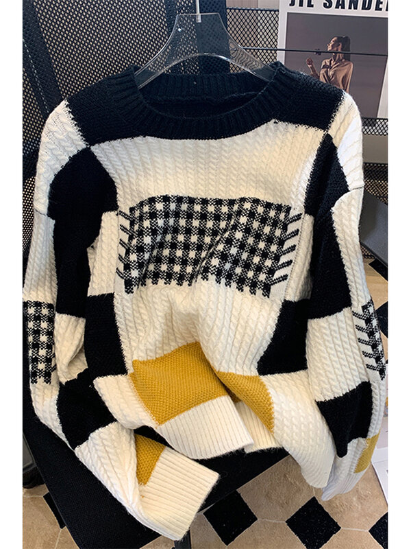 Women New Autumn Winter Vintage Plaid Knitted Sweaters Chic Long Sleeve O-neck Pullover Patchwork Overszie Sweater Female S-XL