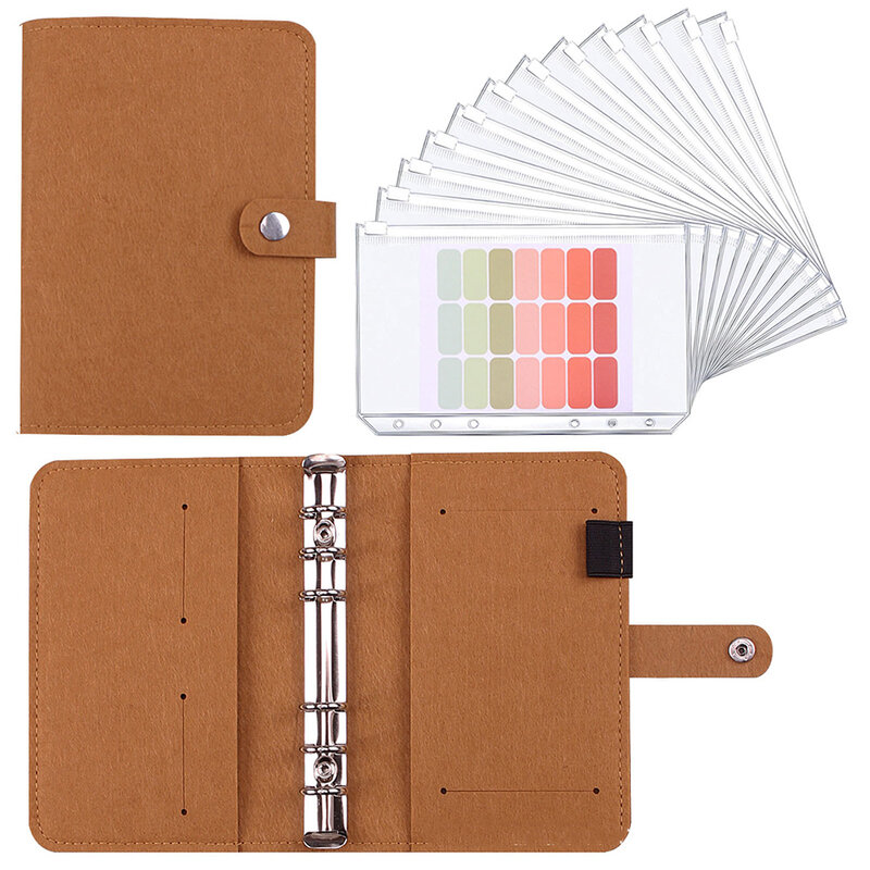 PU Leather Cover Shell 12pcs/Set A6 Binder Budget Planner Notebook with Clear Zipper Pockets Expense Budget Sheets Cash Envelope