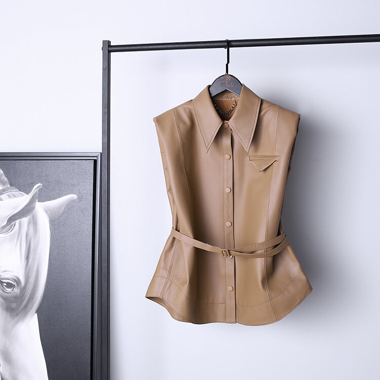 2022 New Arrival Women Fashion Simple  Single Breasting Genuine Sheepskin Leather Vest