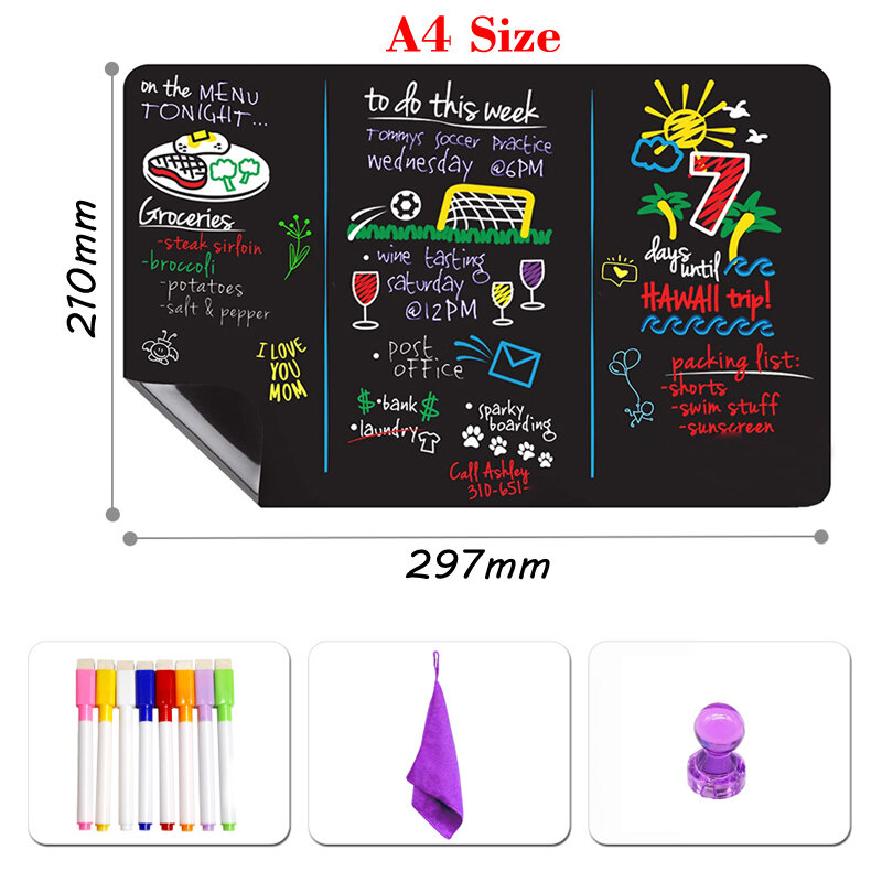 A4 tamanho magnético quadro negro pequeno adesivo menu cozinha quadro branco planejador semanal geladeira adesivo placa de mensagem
