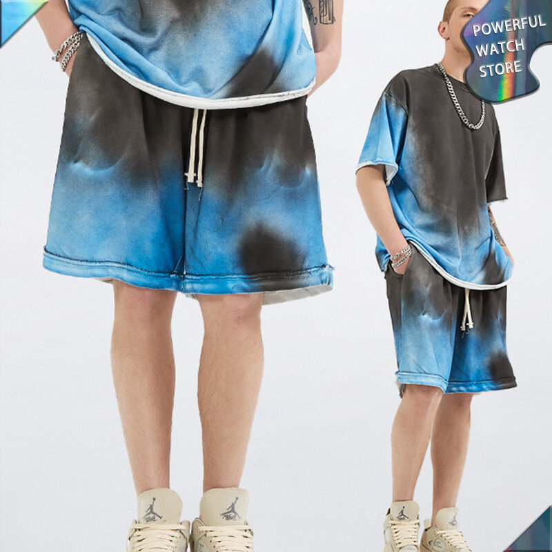 Pantalones cortos informales para hombre, Shorts de dos colores con cordón teñido en aerosol, lavado de alto peso, primavera y verano, 2022