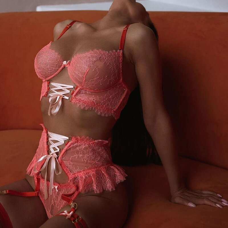 Mulher sexy sutiã e calcinha conjunto de renda retalhos bandage lingerie femme sexo pornô íntimo sensual traje malha ver através do copo aberto