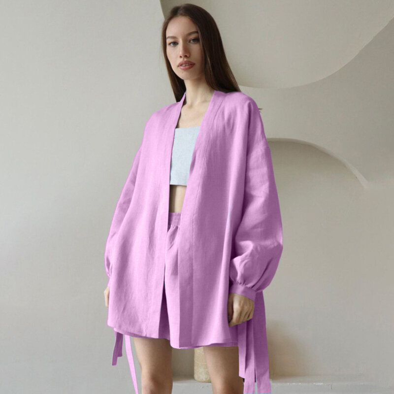 Autumn Lace-Up Robes Tops Two Pieces Set Womens Casual Loose High Wiast Shorts Set Elegant Pink Home Suit with Shorts