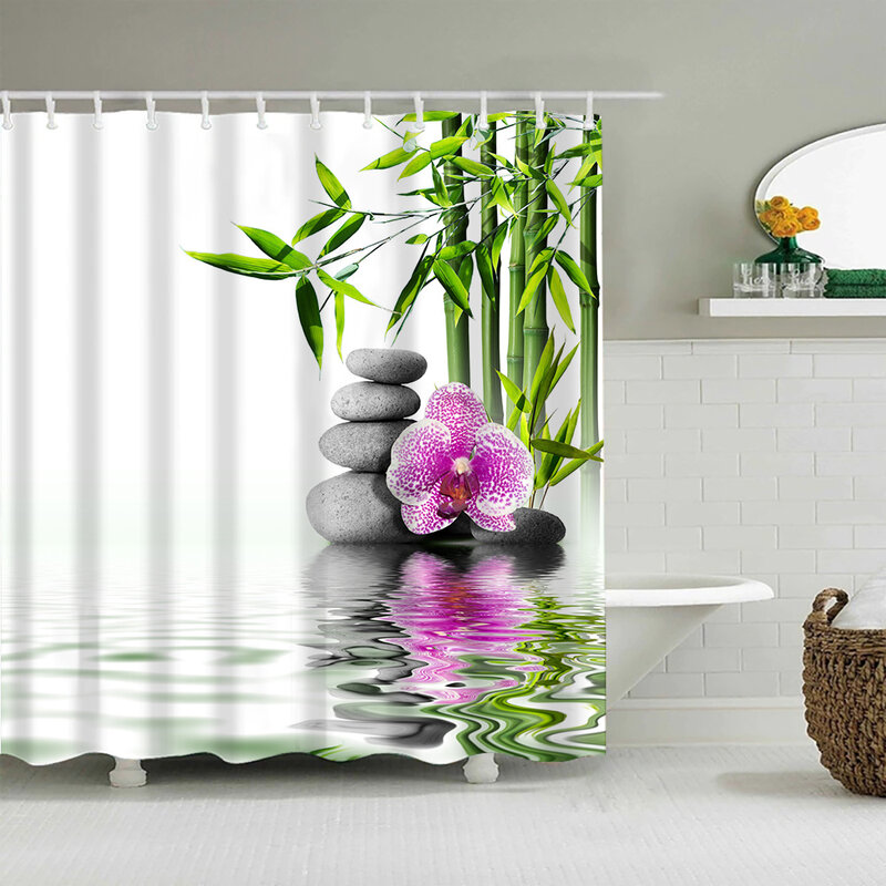 Rústico paisagem streamstone flor de lótus cortina de chuveiro do banheiro frabic poliéster à prova dwaterproof água cortina de chuveiro com ganchos