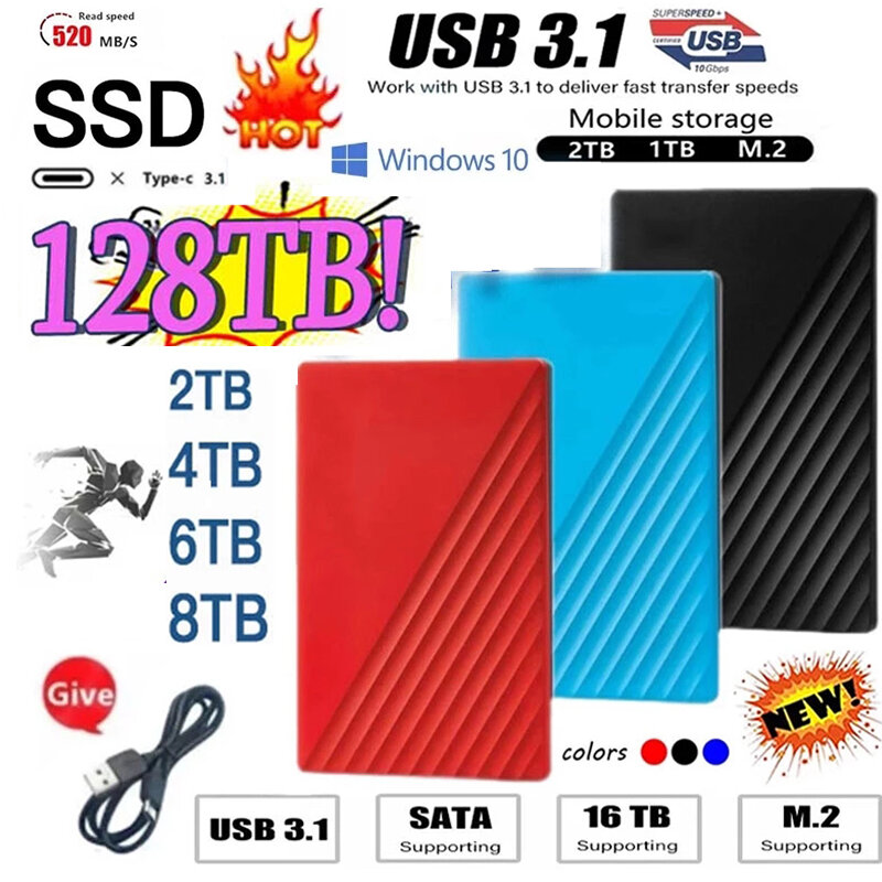 Hard Drive SSD 64TB Portabel 100% Asli 1TB/2TB/4TB/16TB Hard Drive SSD Eksternal Tipe C USB 3.1 Hard Disk USB Flash Drive