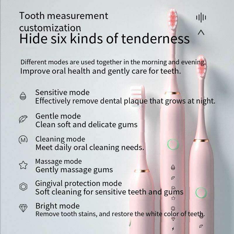 Cepillo de dientes eléctrico sónico para adulto, dispositivo blanqueador con temporizador, 6 modos, recargable por USB, cabezales de repuesto