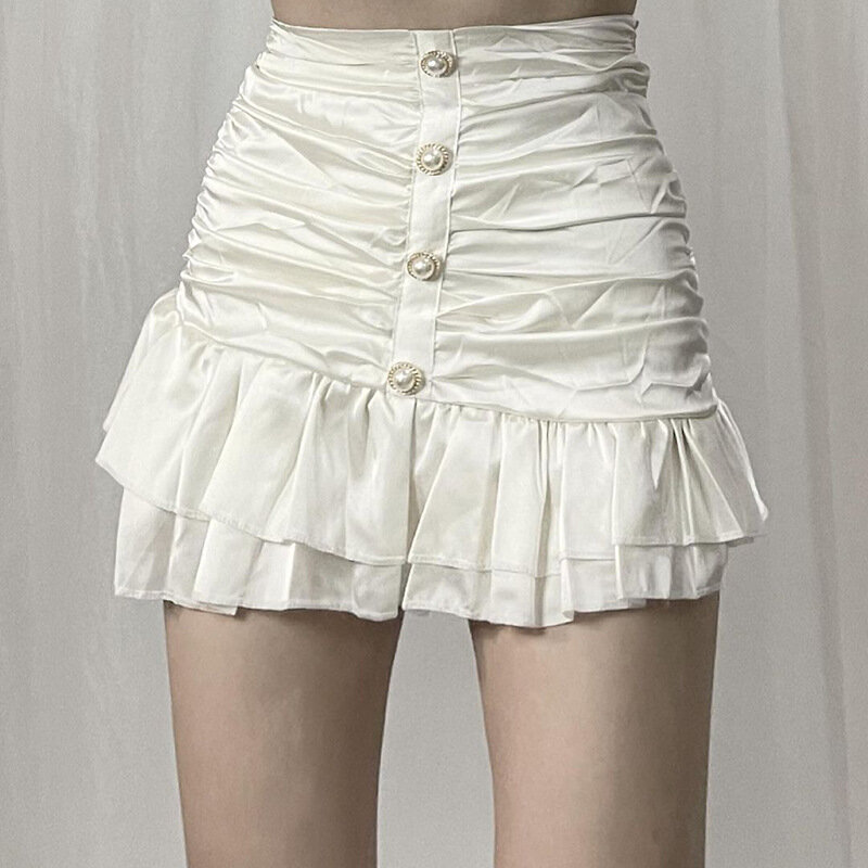 Lato nowe wysokiej talii fałdy cienka torba Hip krótka spódniczka dla kobiet 2021 moda satynowa seksowna Temperament perłowa klamra spódnica liści lotosu