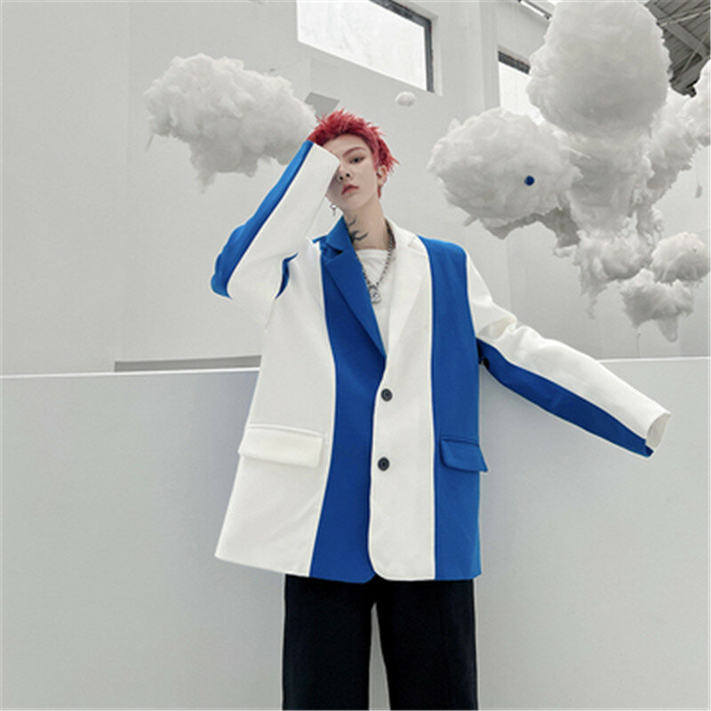 Chaqueta de pasarela Unisex, traje de diseñador Original con contraste de Color azul, chaqueta de parche elegante, ropa de calle, abrigo suelto para hombre