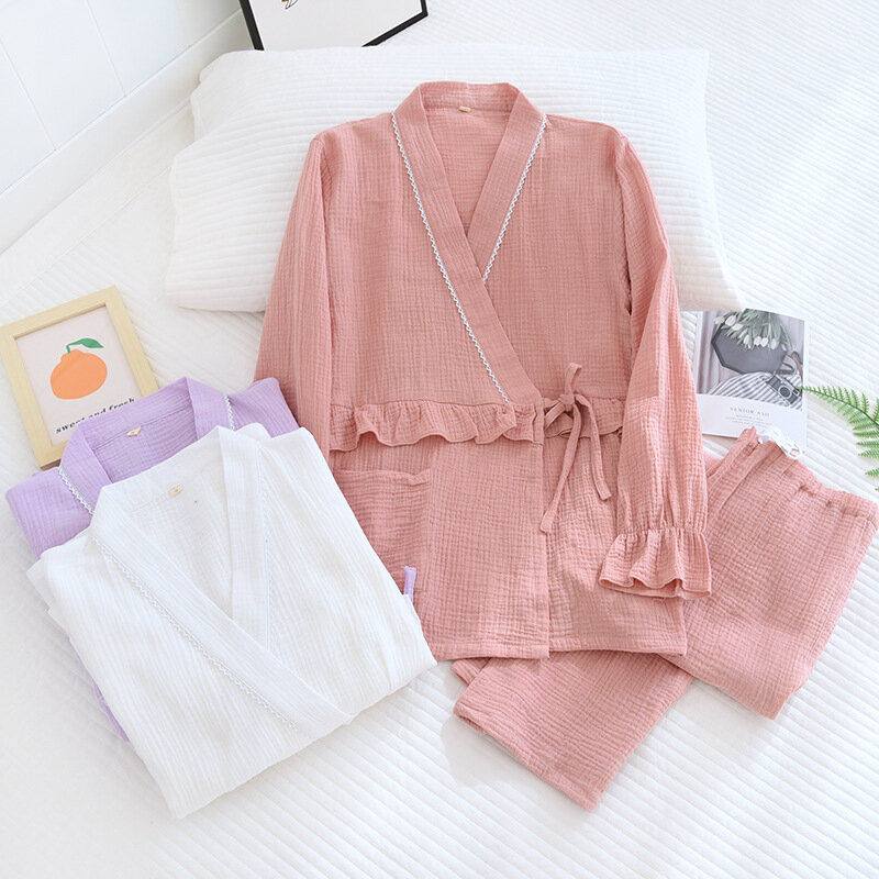 Japanese Two-piece Kimono Women's Maternity Pajamas Long-sleeve Trousers Set Cotton Crepe Home Clothes Ladies Solid Home Service