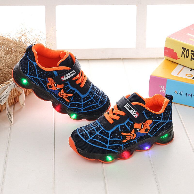 Sapatos do homem-aranha da disney para crianças, para meninos e meninas, sandálias de malha com luz led, tênis infantil para treinamento, luminoso