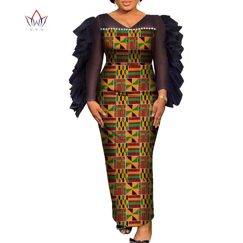 2022 niestandardowe afryki ołówek długie sukienki dla kobiet BINTAREALWAX długa, do kostek Lady Party Dress z perłą Decration WY8547