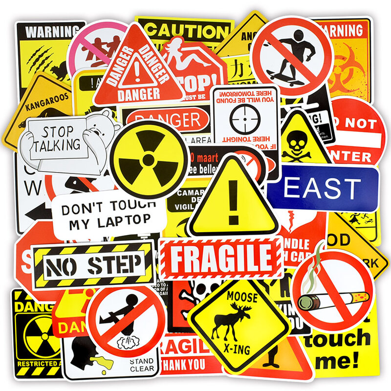 Aviso perigo sinais lembrete adesivo, decalque impermeável, DIY laptop, motocicleta, bagagem, snowboard, carro, 50 pcs