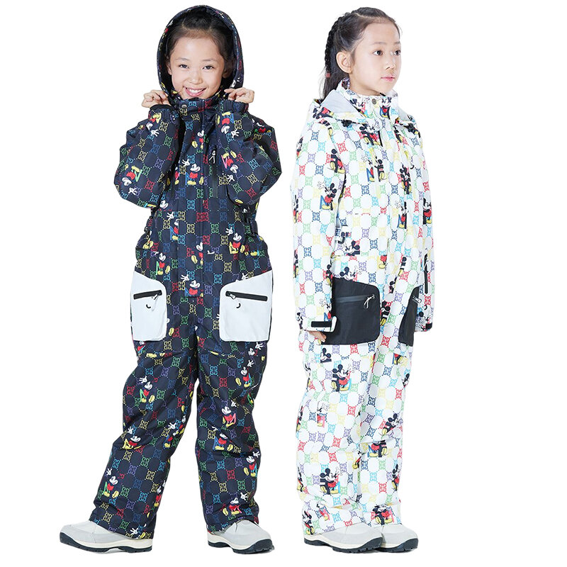 어린이 스노우 슈트, 겨울 야외 따뜻한 스키복, 어린이 모자 인쇄, 방수 방풍, 소녀와 소년의 눈 점프 슈트