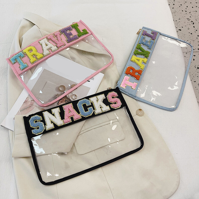 Bolsa de cosméticos de PVC transparente para mujer, bolsa de viaje con parches de letras, bolsa de cosméticos, artículos de maquillaje