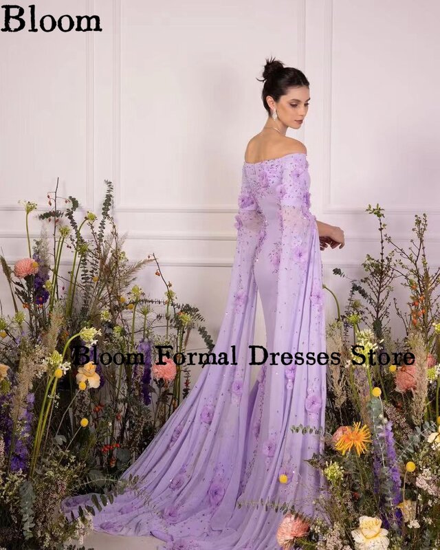 Bloom Off Shoulder Lavender Luxury Evening Dresses For Prom Long Split Sleeves Appliques Beads Celebration Wedding Party Dress
