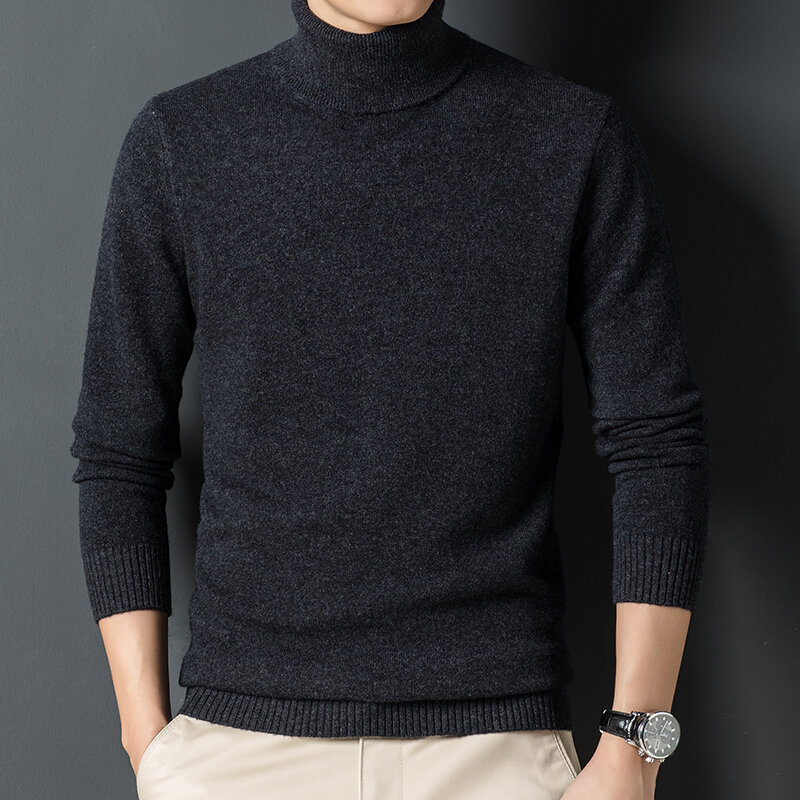 Suéter de cachemira de cuello alto para hombre, suéter suelto de color sólido con solapa, Otoño/Invierno, novedad de 2021