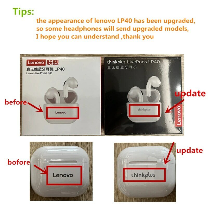 Lenovo LP40 TWS Wireless Earphone Bluetooth 5.0 Dual Stereo Noise Reduction Bass Touch Control Long Standby 230mAH