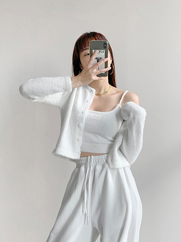 Rompi Sweter Dua Potong Musim Gugur Rompi Suspender Pusar Terbuka Pendek Wanita Kardigan Rajut Set Atasan Crop Fashion Korea Pakaian Y2k