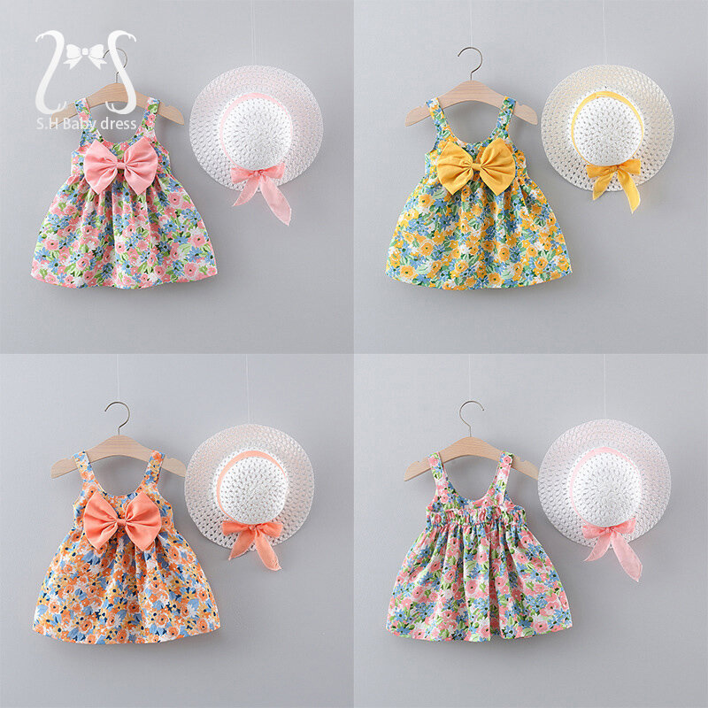 2Pcs/Set Flowers Baby Girl Dresses Summer Fashion Toddler Girls Children Clothes Beach Dress Kid's Costume Send Hat 0 To 3 Y