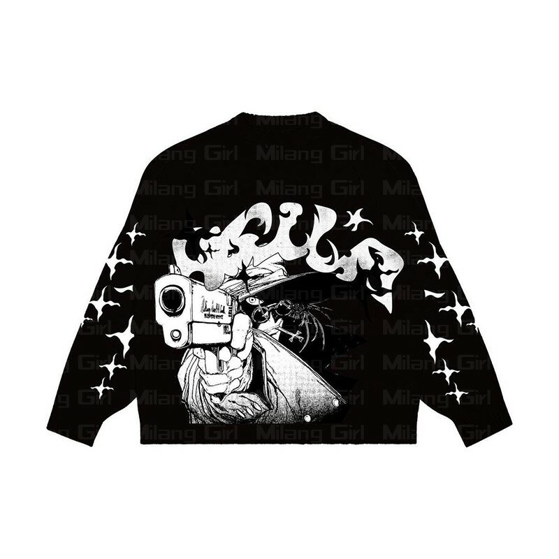 Sweter Katun Harajuku Musim Gugur Pullover Gambar Bintang Pistol Gotik Sweter Besar Wanita Sweter Rajutan Hip Hop Pakaian Jalanan Pria Y2K