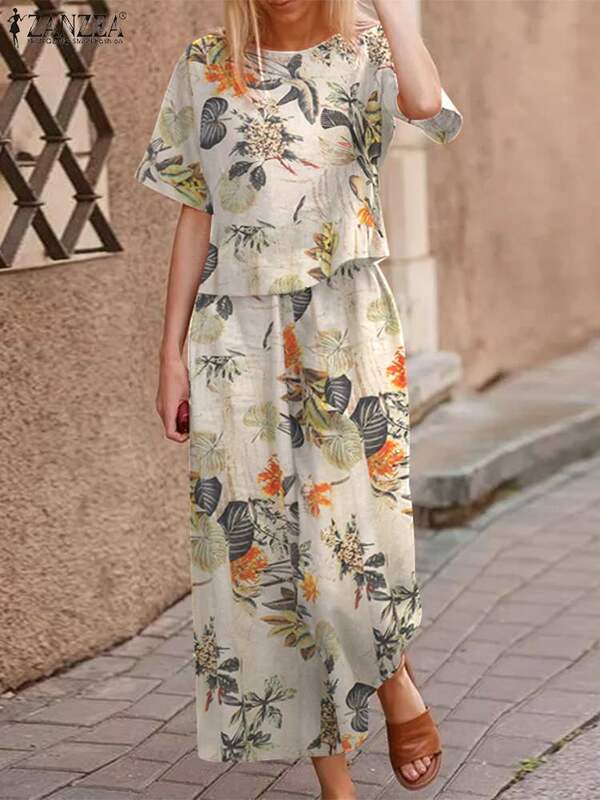 ZANZEA wiosna kobiety pasujący zestaw luźne elastyczne wakacje szerokie spodnie nogi Casual dresy O-Neck druk kwiatowy pół rękaw bluzka