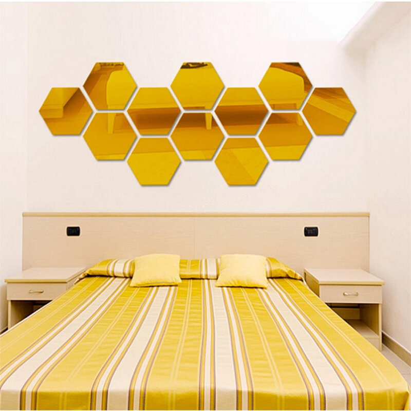 24pcs Hexagon Mirror Wall Stickers Acrylic Self Adhesive Tiles Sticker Decals Gold For DIY Bedroom Bathroom Decor Wall Stickers