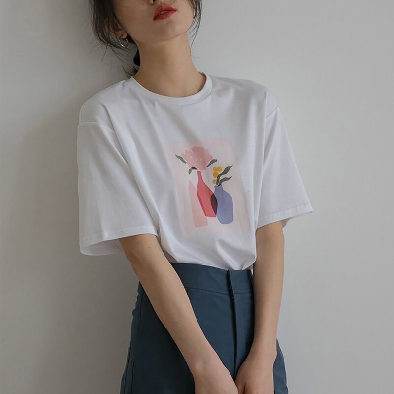 Wywm 2021 camiseta feminina de algodão, camiseta estampada simples e solta de manga curta, de desenho animado para verão