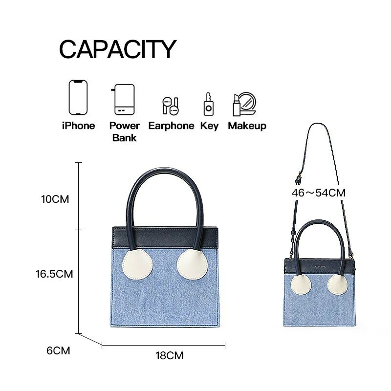 DN Top Handle Bags for Women Panelled Genuine Leather Shoulder Crossbody Bags Small Women's Handbags Fashion Blue Canvas Purse