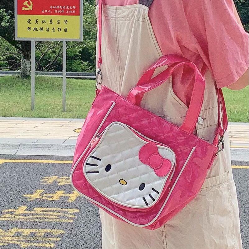 Tas Desainer Merek Mewah Sanrio Tas Tangan Lucu Hello Kitty Merah Muda Tas Kurir PU Tas Bahu Lembut Jepang Tote untuk Wanita Anak Perempuan