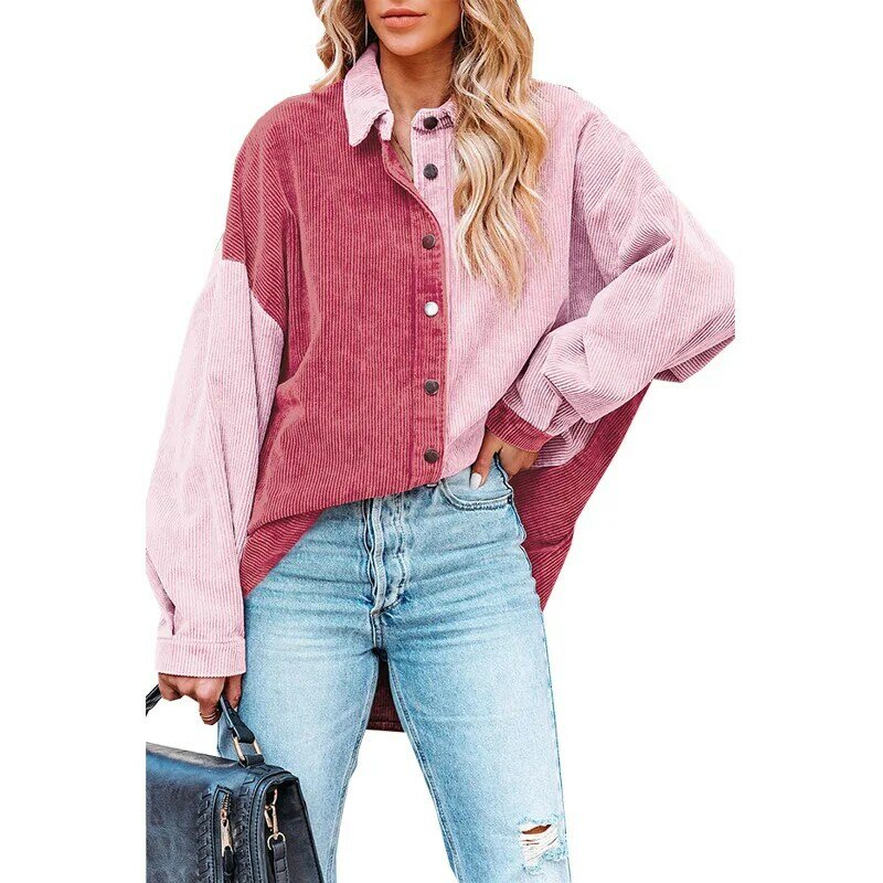 Autumn and Winter Corduroy Shirt Colored Matching Polo Neck Long Sleeve Cardigan New Loose Fit Casual Coat for Women