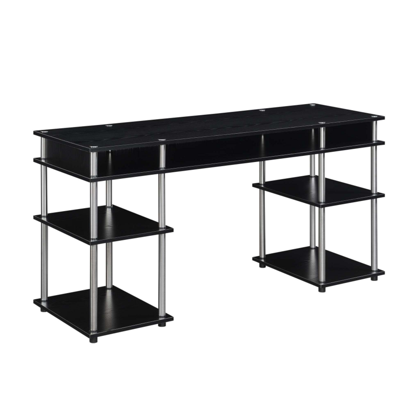 Роскошный студенческий стол с полками, 60 дюймов, черный/серебристый столбики, компьютерный стол, кабинет, офисные столы