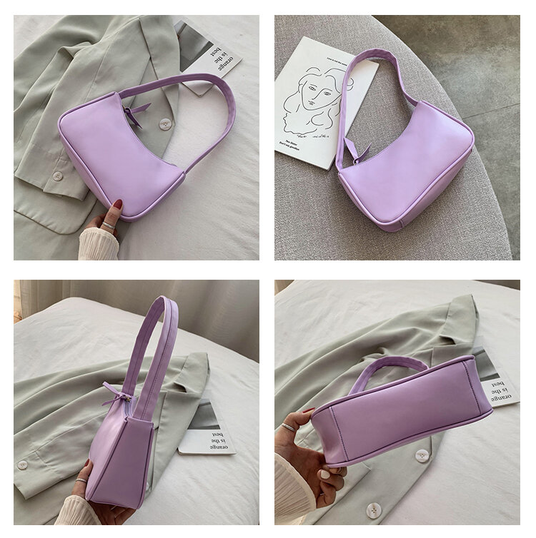 Soft PU Leather Women Purple Underarm Bag Retro Solid Color Ladies Hobos Handbags Fashion Design Girls Small Shoulder Bags