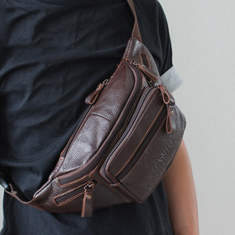 Men's Large Genuine Leather Retro Business Waist Bag Fanny Pack Purse Pack Travel Shoulder Waist Belt Phone Pouch Bags For Male