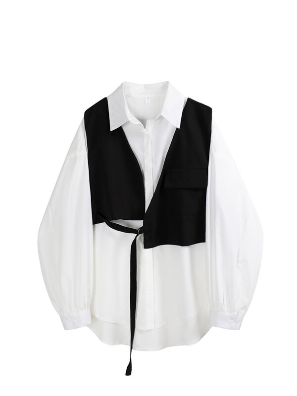Blusa de manga larga holgada para mujer, camisa de diseño Vintage coreano, cárdigan con cuello vuelto, 2020