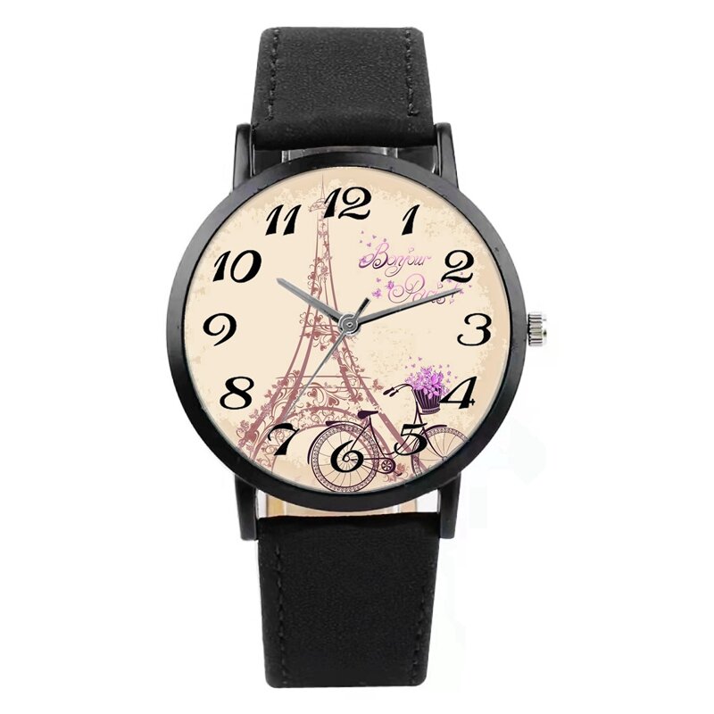 Nova torre eiffel relógio feminino elegante preto couro quartzo relógios de pulso presente do estudante